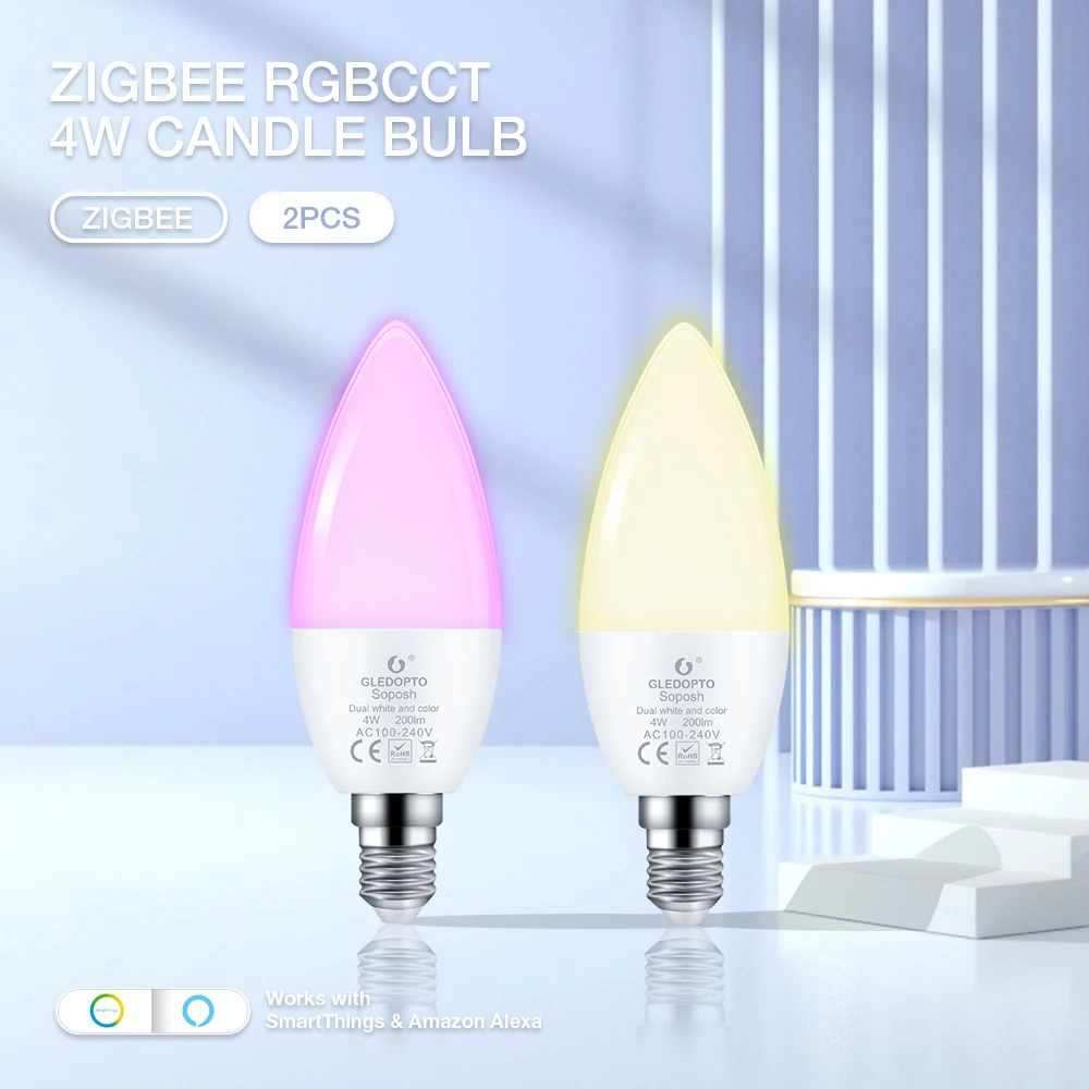 

GLEDOPTO Zigbee 2PCS LED 4W LED Light Bulb RGBCCT Hub APP Alexa Voice Control Candle Bulb AC100-240V Color Warm Cold White Light