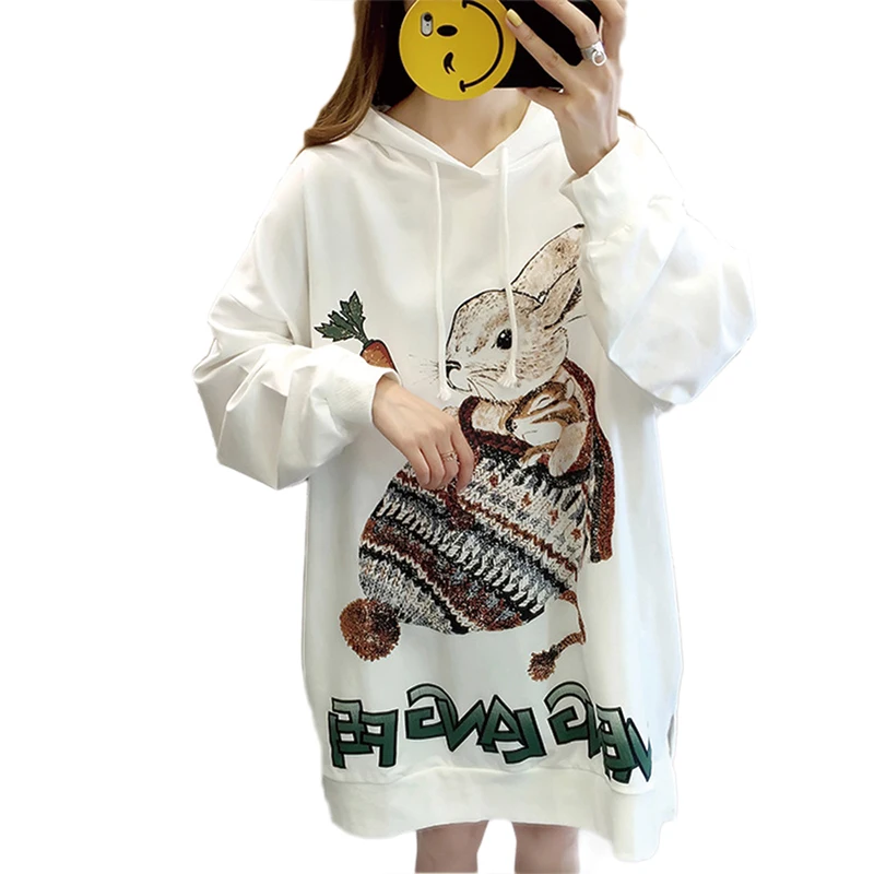 

QRWR 2020 Spring autumn Korean Hooded Sweatshirts Casual Rabbit Printing Long Hoodies Loose Cute Oversized Sweatshirt