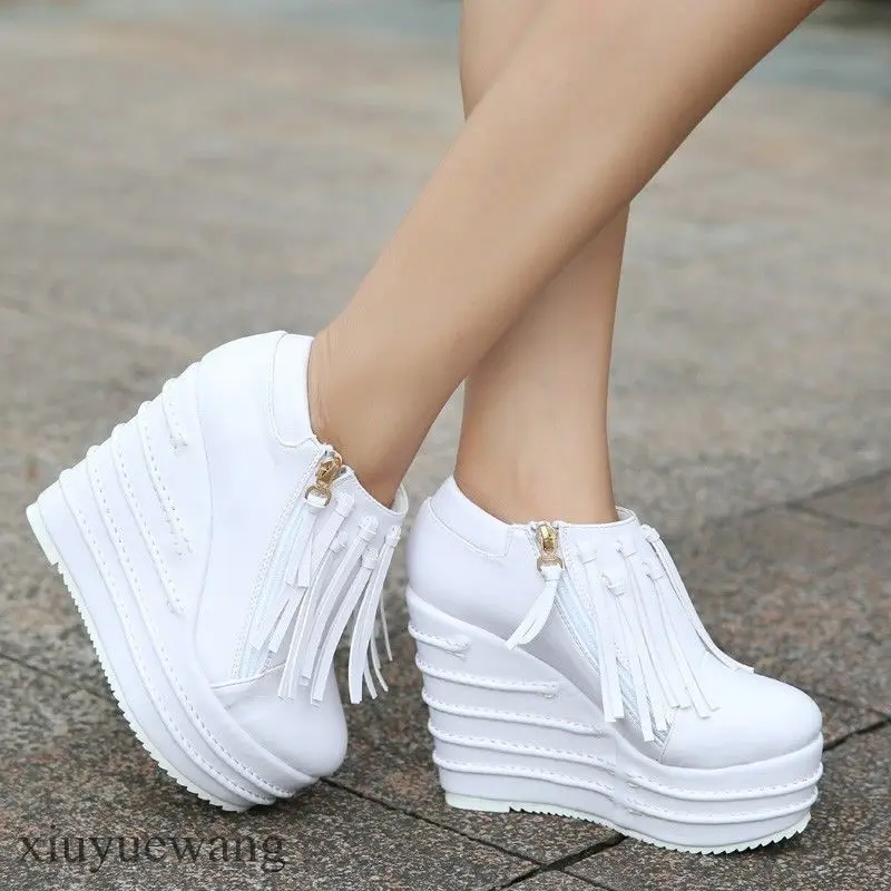 

Женские сапоги до лодыжек на платформе, сверхвысокие туфли на танкетке 15 см с бахромой и боковой молнией, 3 цвета, 2022