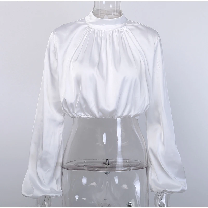 

Cropped Satin Lantern sleeve Women Blouse Solid Turtleneck Long Sleeves Short Female Blouses 2021 Spring Fashion Ladies Clothes