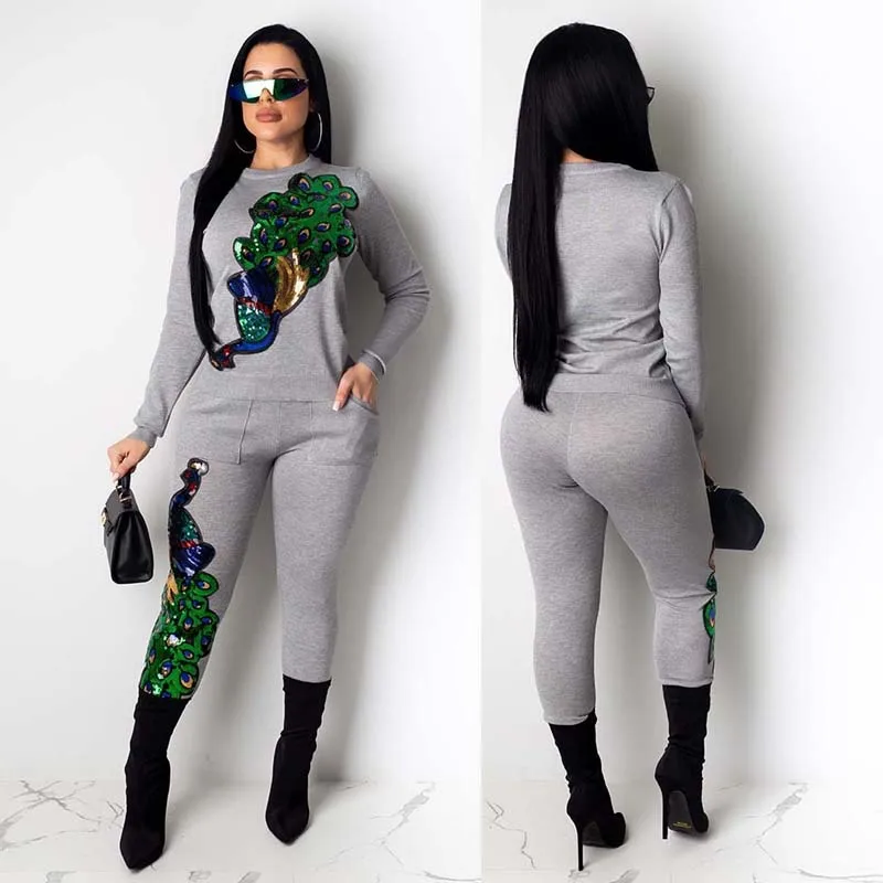 Осенний комплект из двух предметов топ с павлином и блестками спортивный костюм