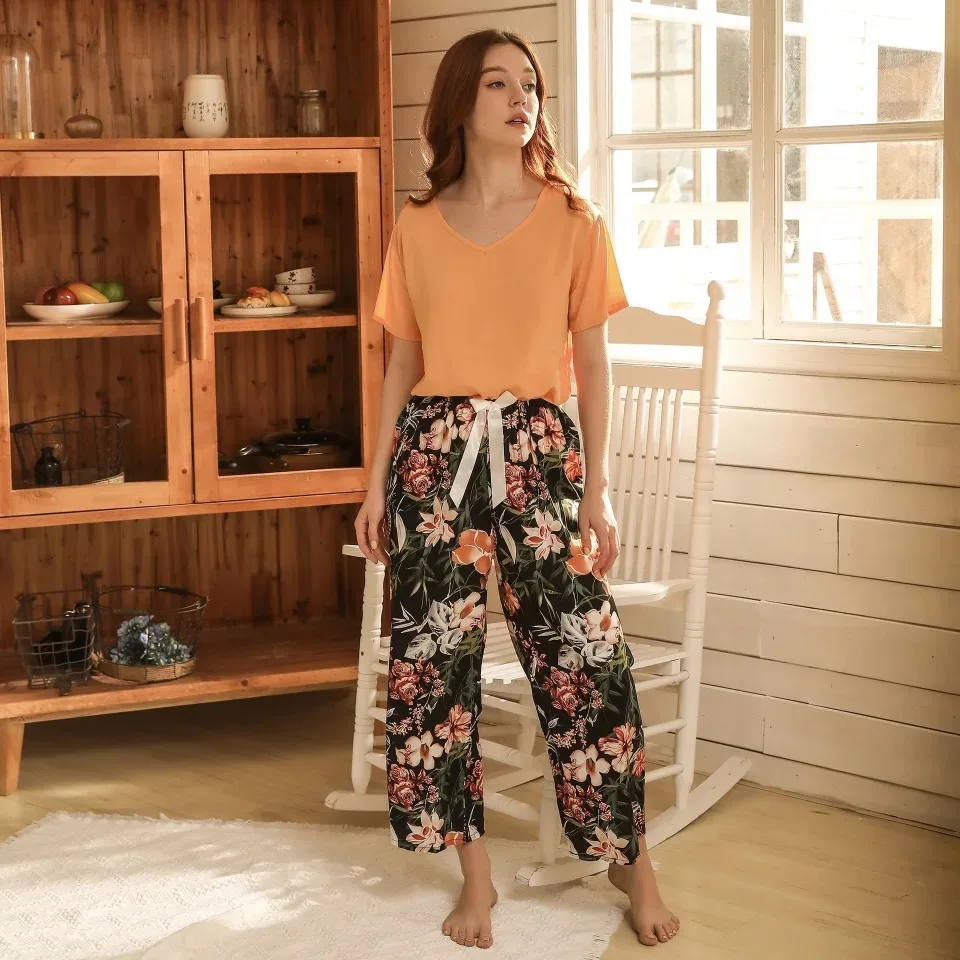 

Soft Autumn Winter Women Pajamas Sets Floral Printed Sleepwear With Pants Female Leisure Nightwear Suit