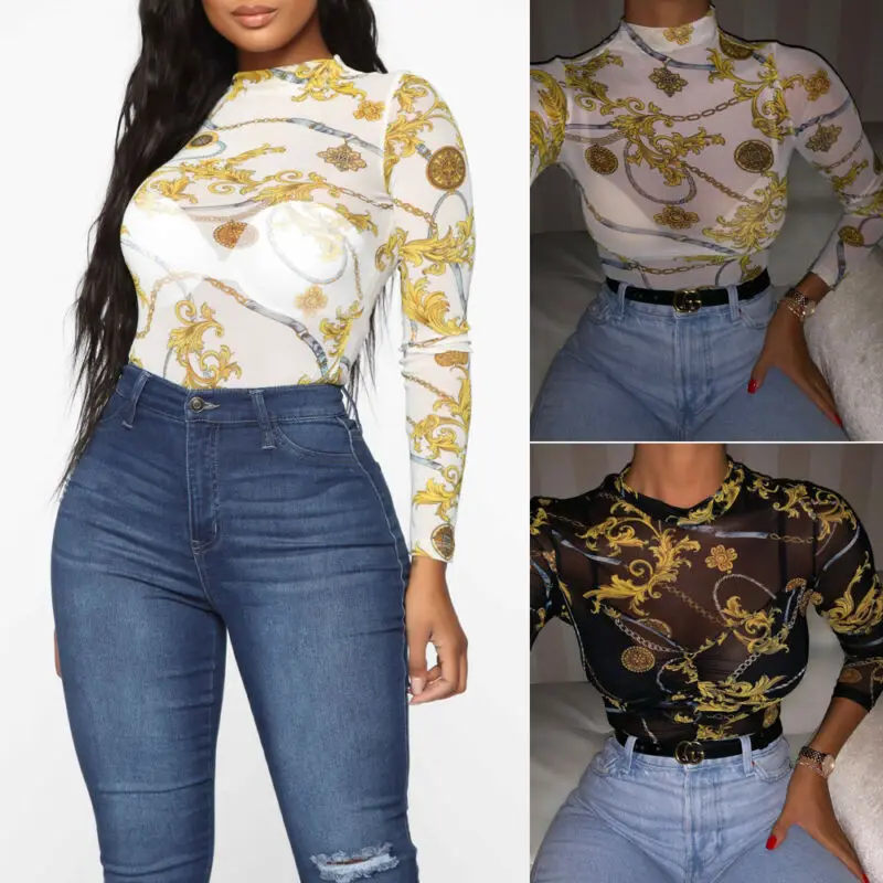 

Women Ladies Long Sleeve Skinny Slim Sexy Perspective Floral Tops Autumn Winter Casual Shirt Blouse