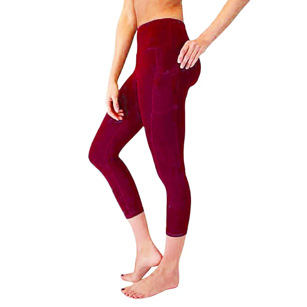 Женские штаны для йоги с высокой талией и карманами живота тренировок бега