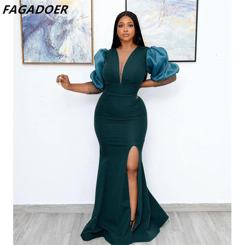 

FAGADOER Sexy Deep V Bodycon Maxi Dress Elegant Mesh Puff Sleeve Robe Fashion Side Split Party Mermaid Dress Vestidos Dark Green