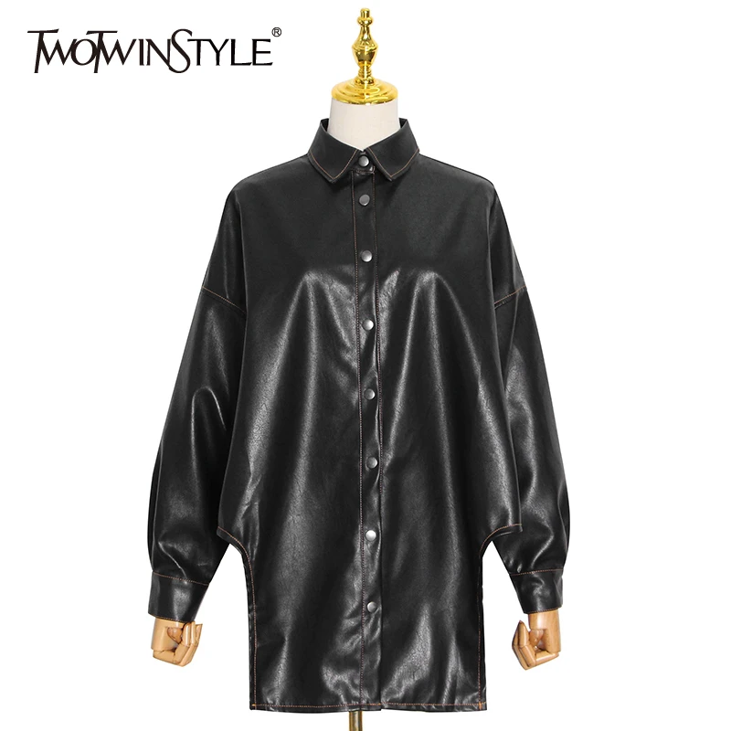 

Женская куртка из искусственной кожи TWOTWINSTYLE, осенняя, повседневная, однотонная, с отворотом и длинным рукавом, 2020