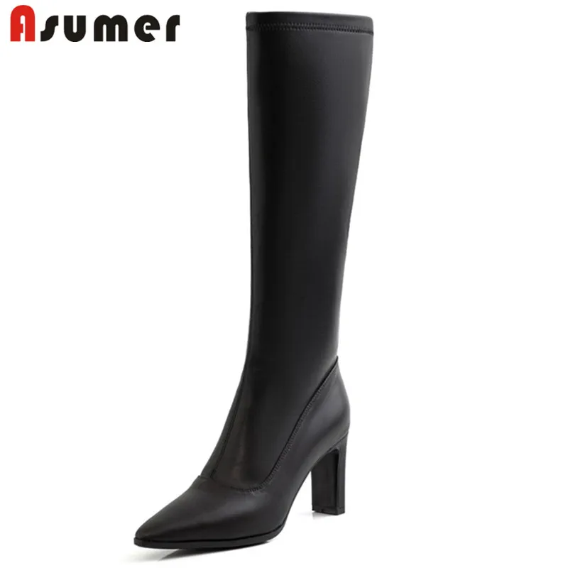 ASUMER/Новое поступление 2020 года Женские сапоги до колена из натуральной кожи на
