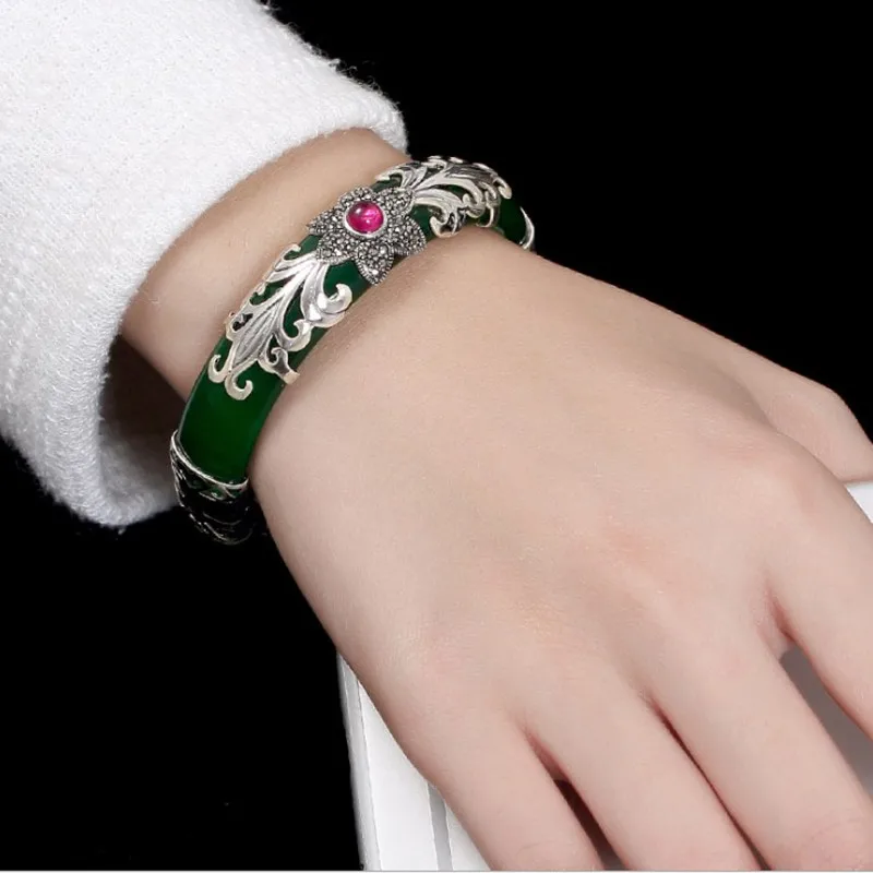 Женский винтажный браслет из серебра 925 пробы с халцедоном|Гибкие и жесткие