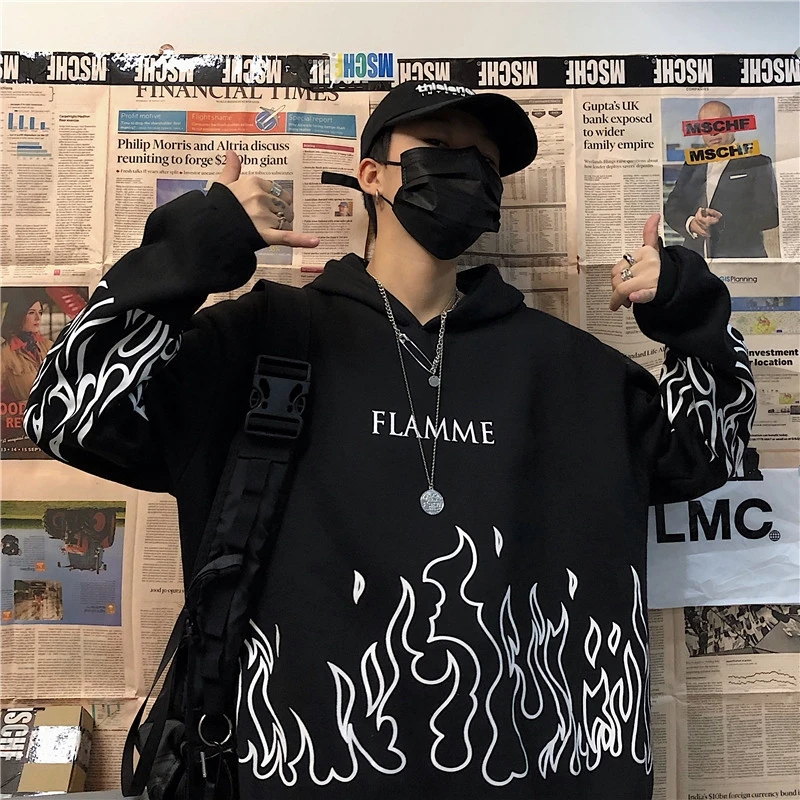 

Women's large Hoodie, flame printed casual sweater, Korean style, long sleeved top, autumn Hoodie