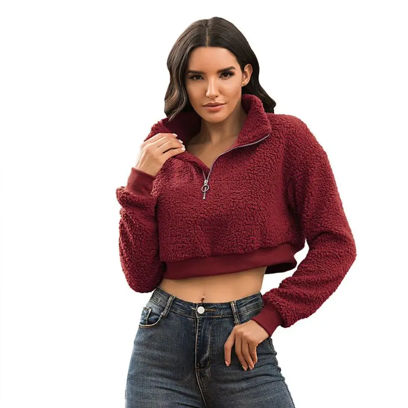 

Женский укороченный топ на молнии, с длинным рукавом и высоким воротником, пушистая теплая толстовка из искусственного флиса