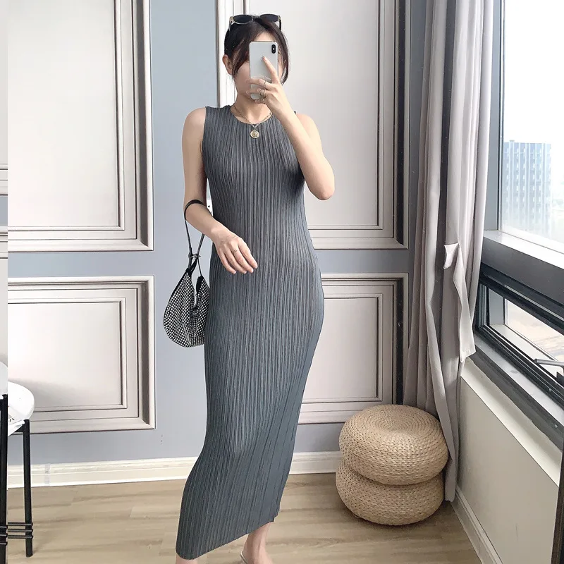 

miyake pleated skinny woman dress summer 2021 temperament sleeveless bottoming skirt slimming casual base long skirt