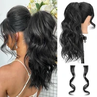 vigorous synthetic long wavy ponytail hairpiece wrap on clip hair extensions with bangs clips front two side fringe for women