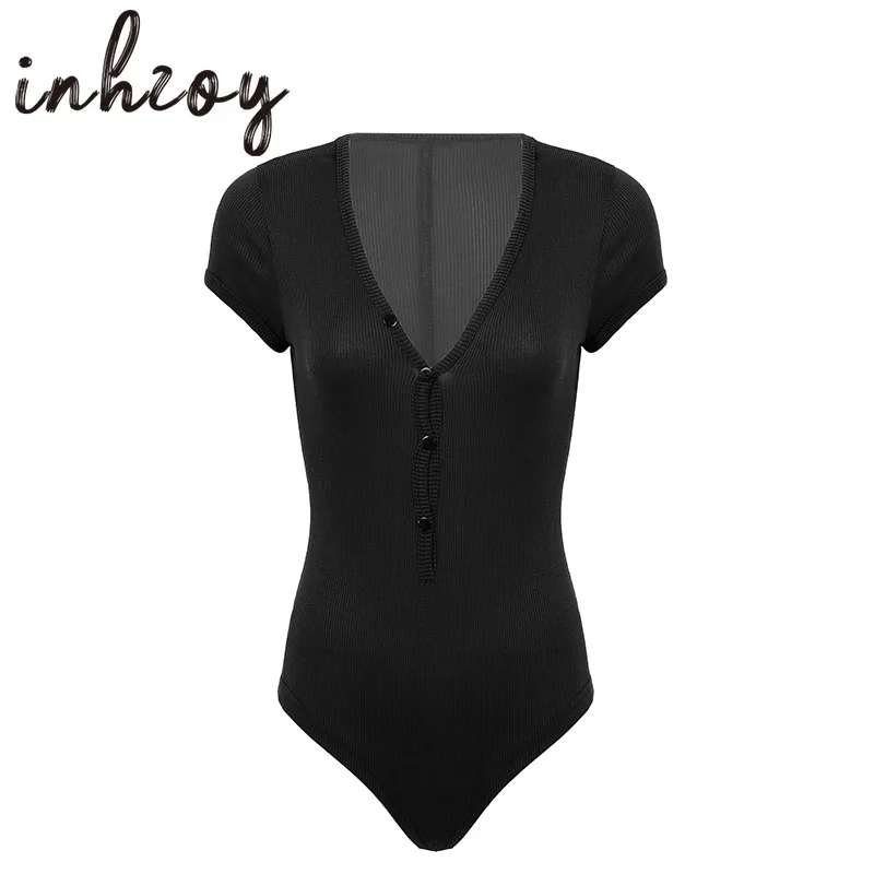 

Women Sexy Deep V Neck Buttons Short Sleeve Black Bodysuit Shirt Autumn Fashion Solid Color Stretchy Bodycon Rompers Jumpsuits