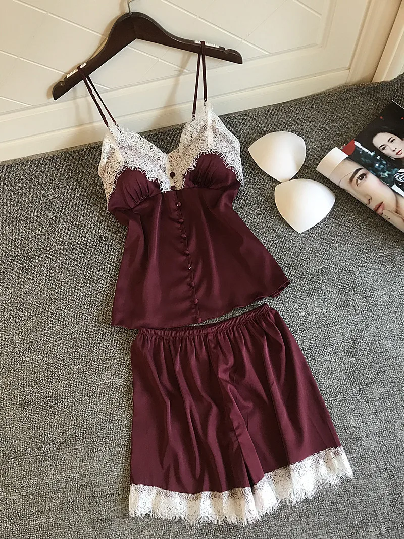 Кружевная отделка атласная Милая бордовая ночная рубашка комплекты