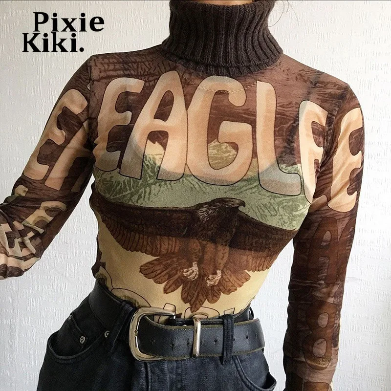 

PixieKiki Fashion Printed Mesh Sheer Fitted T Shirts Streetwear Sexy Turtleneck Long Sleeve Women Tops Graphic Tees P85-BG16