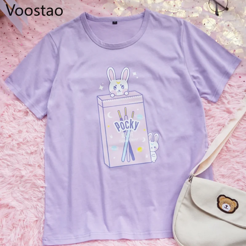 

Футболки женские, летние, фиолетовые, с коротким рукавом и принтом кролика