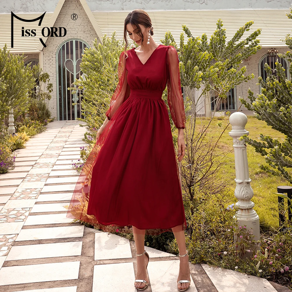 Женское вечернее платье миди Missord красное вечерние чатое с глубоким V-образным