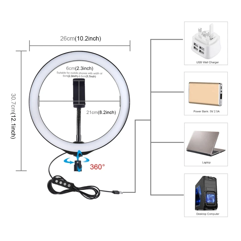 

PULUZ PKT3035 10,2 дюймов 26 см USB 3 режима затемнения светодиодный кольцо Vlogging для фотостудии видеосъемки фотографирования огни с ручным управление...