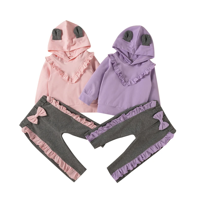 

Baby Girl Cute Clothes Set Ruffled Hoodies Hooded Sweatshirt Top Bowknot Pants 0-24M Newborn Toddler Autumn Winter Casual Outfit