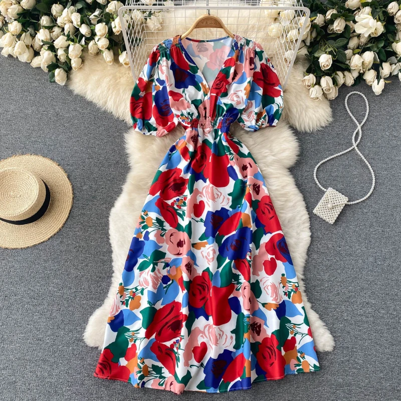 

Summer Bubble Short Sleeved Floral Long Dress Elegant Sexy V Neck Palette Flowers Printed One-piece A-line Calf Long Dress