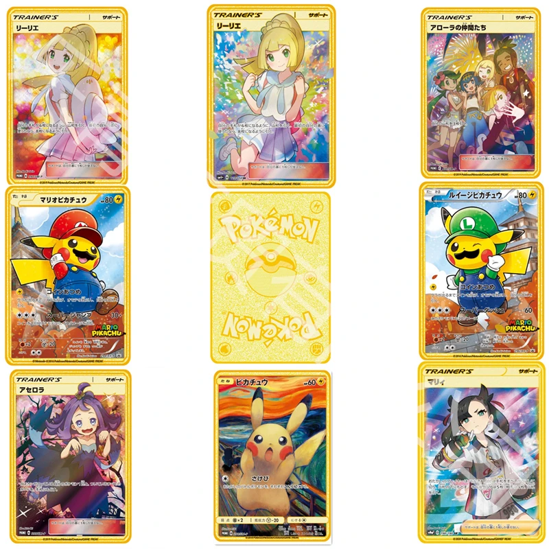 

Pokemon Game Anime Battle Card Gold Metal MARIO Transform Pikachu TRAINERS Japanese Card Collection Card Action Figure Toy Gift