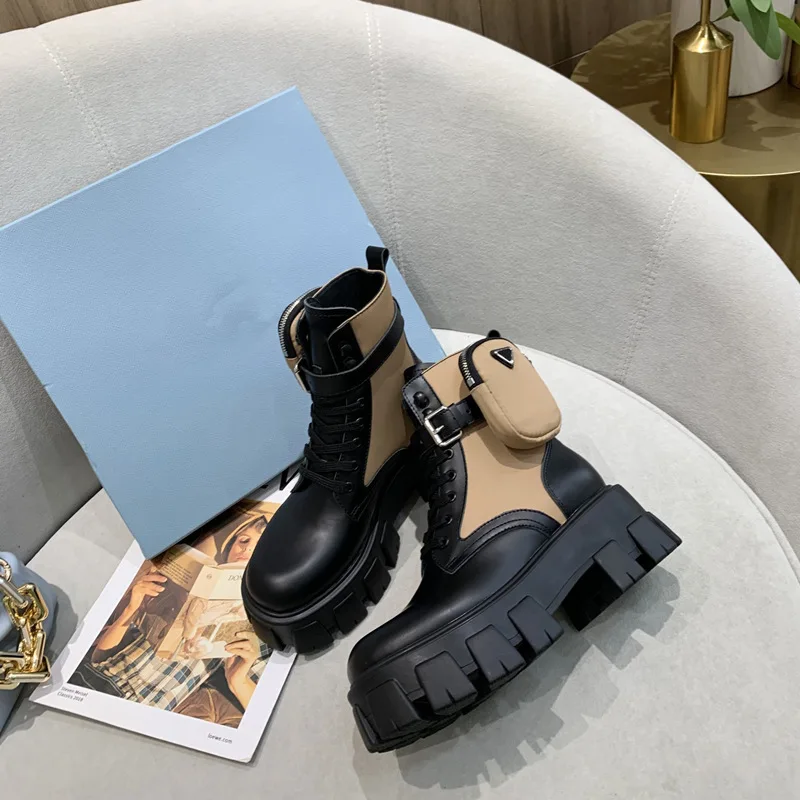 

2022 Women Fashion Ankle Boots Lace Up Punk Shoes Botas Mujer Womens Designer Boots with Pocket Bag Real Leather Platform Shoes