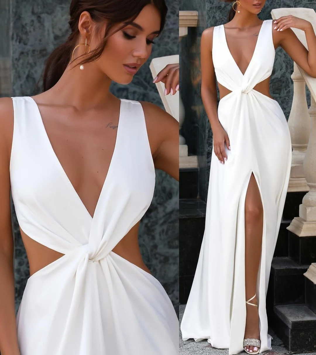

Sexy A-Line Long Chiffon V-Neck Prom Dresses with Slit Zipper Back Floor Length White Robe De Soiree Pleated Formal Party Gown