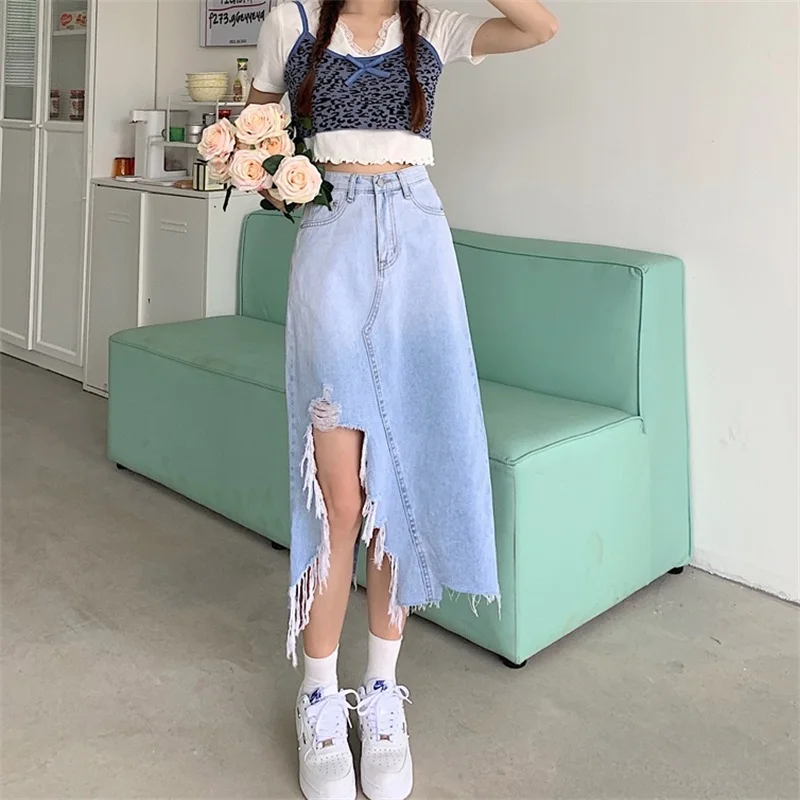 

Женская джинсовая юбка с асимметричным разрезом, Повседневная Длинная свободная трапециевидная юбка с высокой талией и градиентным дизайн...