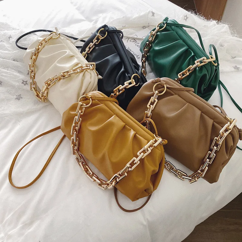 

Fashion Dumpling Shoulder Bag Women Chains Ruched Pillow Bag PU Leather Clutch Purse Handbag 2020 Summer Female Messegner Bags