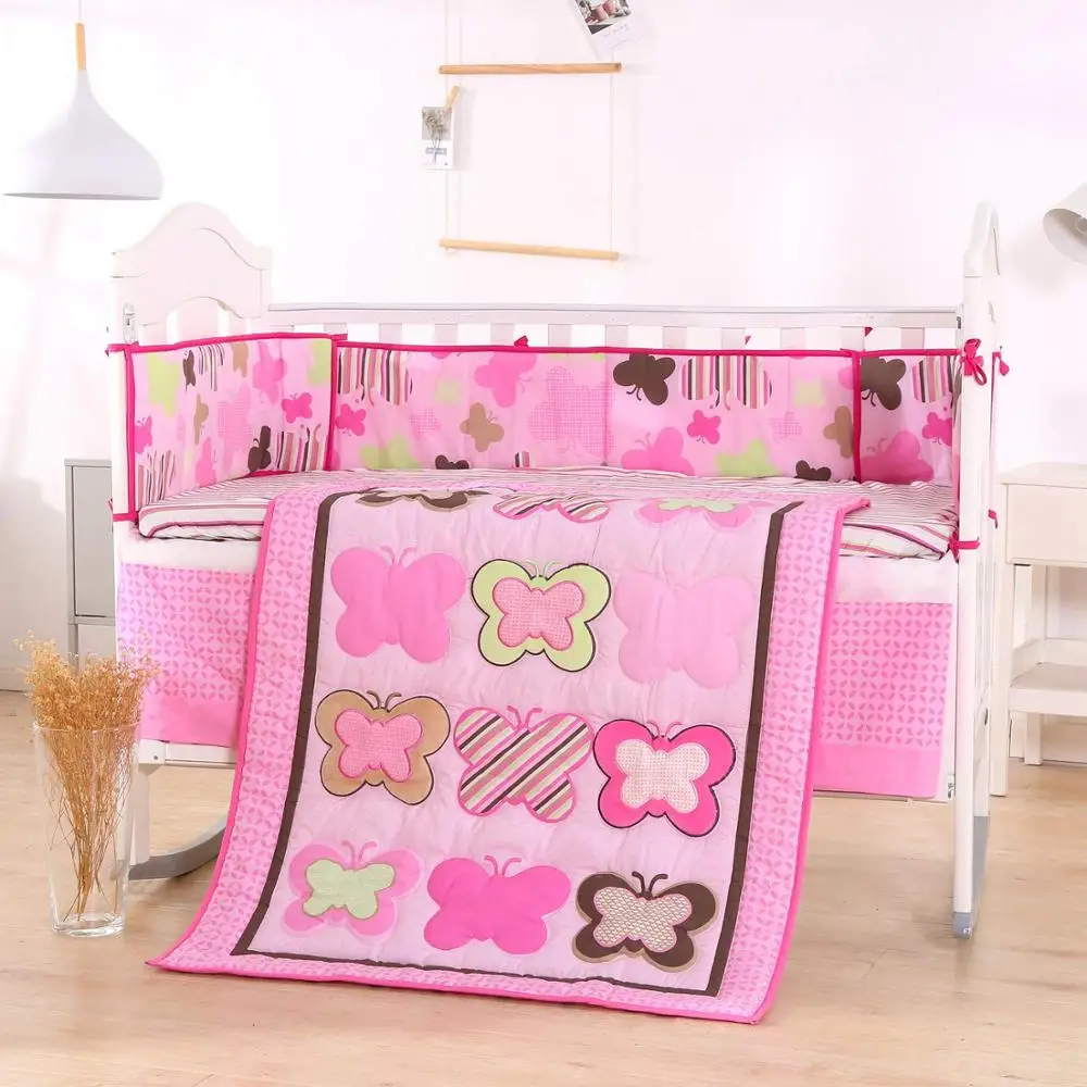 

7pcs butterfly embroidered Comforter Baby Bed Sets Cartoon Baby Nursery Bedding kit de berço (4bumper+duvet+bed cover+bed skirt)