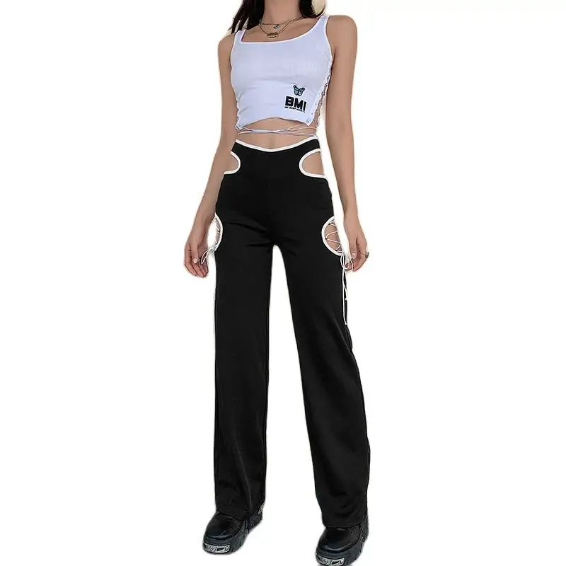 

Trousers Women 2021 Summer Hollow Out Bandage Design Casual Pants High Waist Loose Sexy Straight Pants Black Pant For Womens