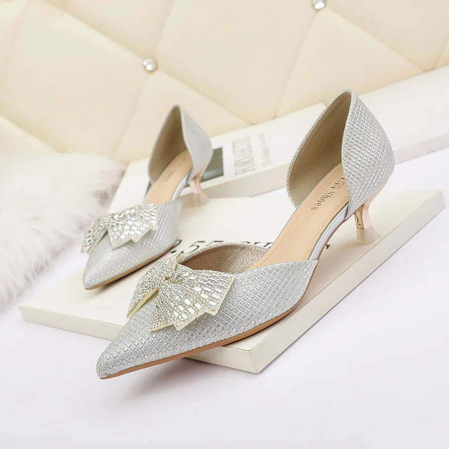 

Sexy Pumps Women Butterfly-knot High Heels Shoes Bling Pointed Toe Sandals Luxury Slip on Slides Two Piece Pump Zapatos Mujer