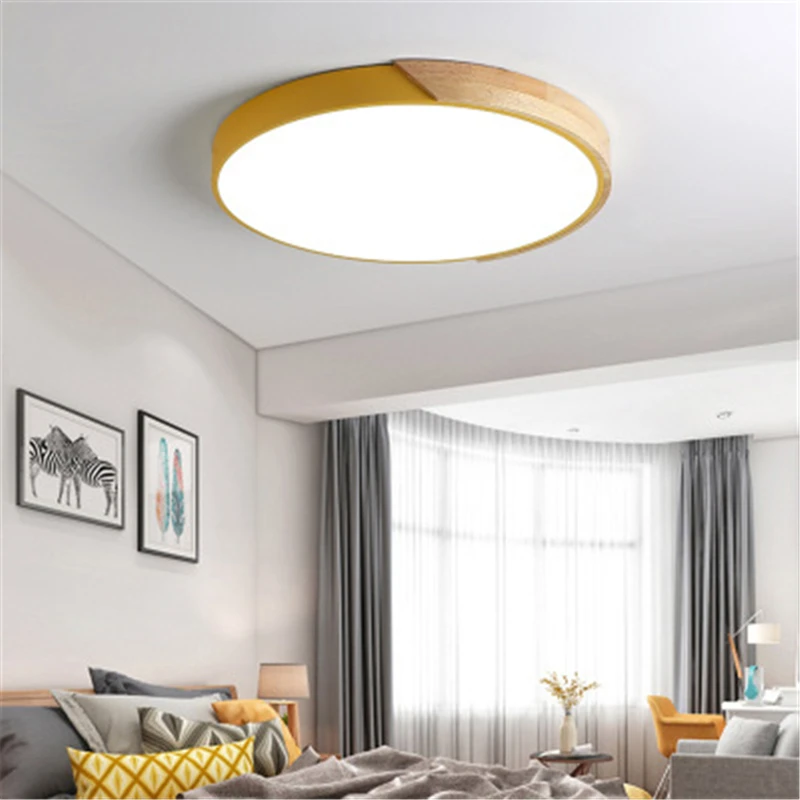 

Nordic Simple LED Modern Warm Wooden Ceiling Lamp Creative Personality Macarons Round Bedroom Dining Room Lighting LED Bulbs PC