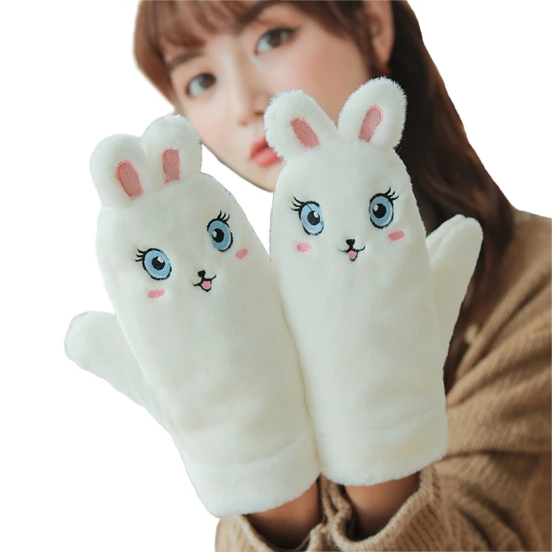 

Women Winter Fuzzy Fluffy Plush Full Finger Gloves with String Cartoon Panda Rabbit Embroidery Thermal Warm Mittens