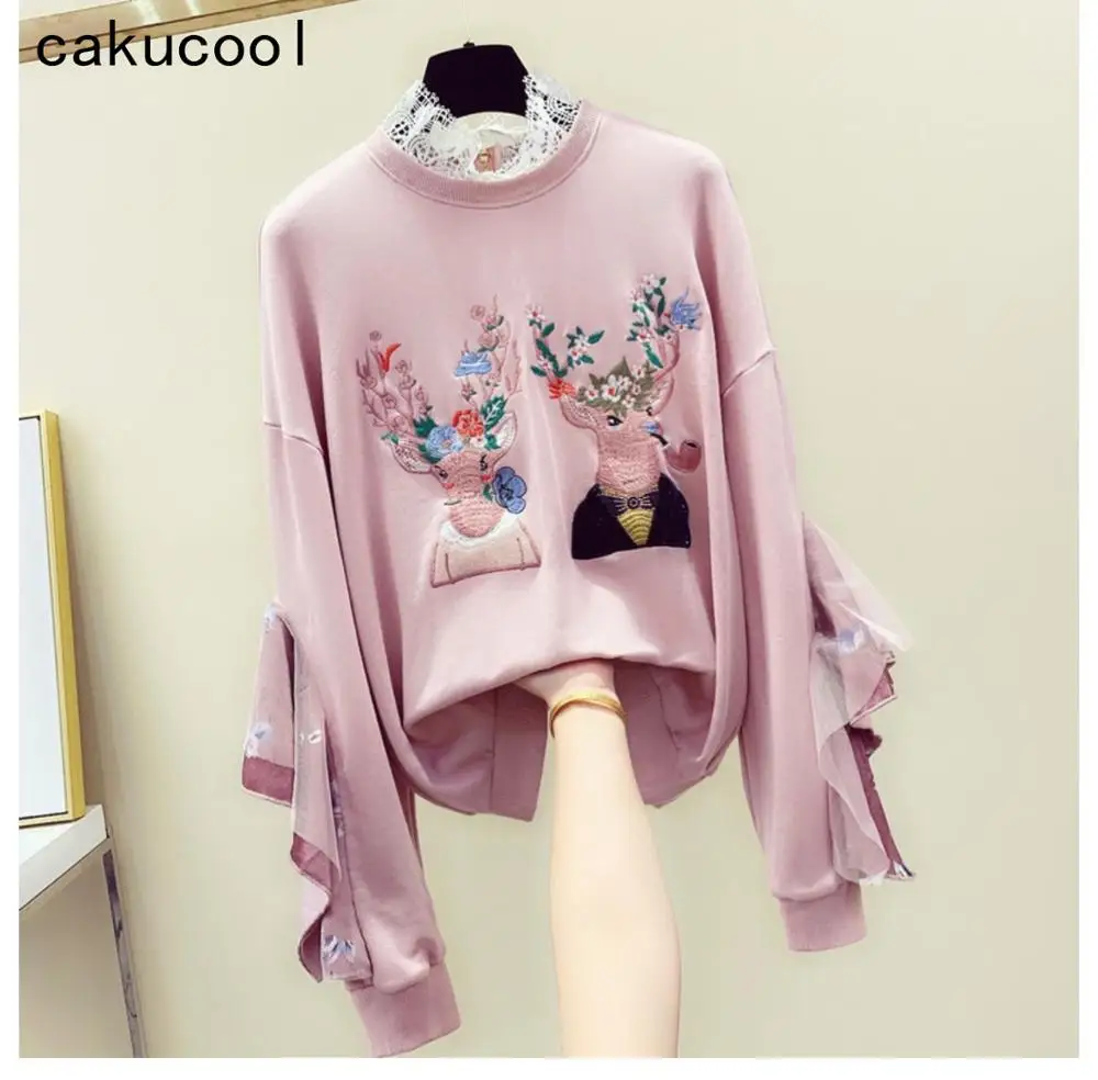 

Cakucool Лось вышивка Толстовка для женщин с кружевными оборками для девочек; Пуловер с круглым вырезом Асимметричные Свободные корейские толстовки с капюшоном толстовки женский