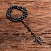 black lava stone yellow tiger eye beaded catholic christ cross necklace male and female mala rosary meditation yoga jewelry