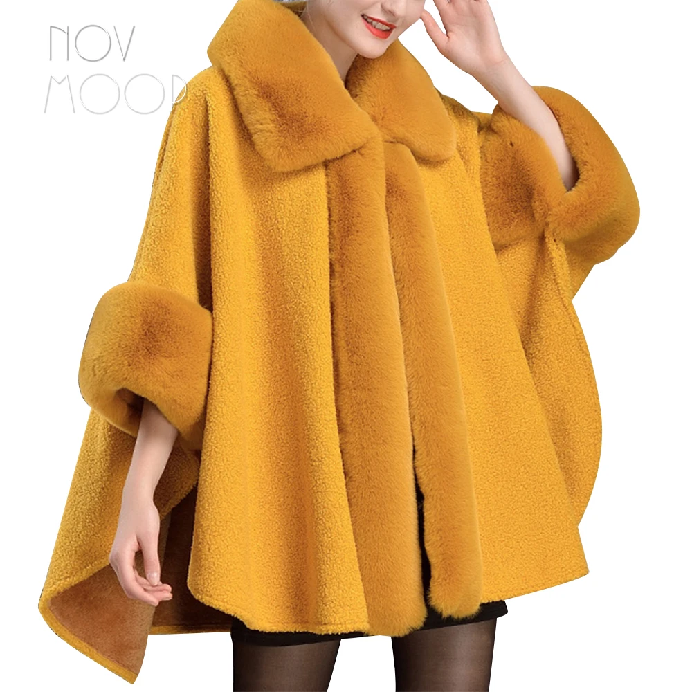 

novmoop high quality imitate rabbit hair decor women cloak for winter Cape de lapin Rex LT3211