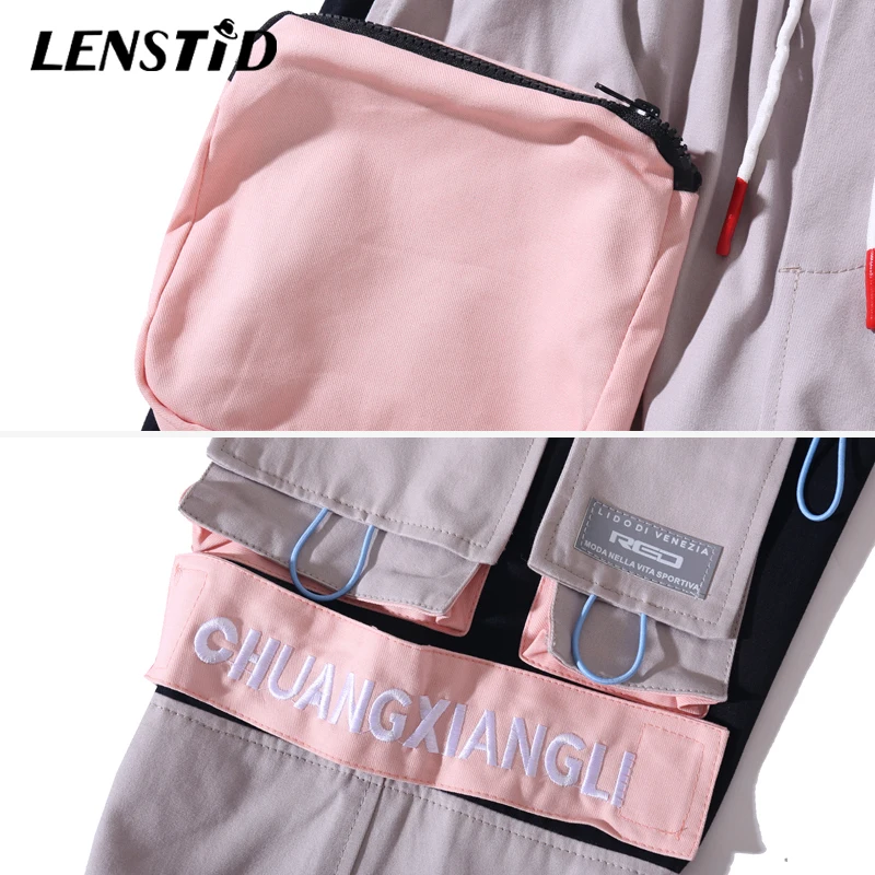 LENSTID хип карго Брюки на молнии Карманы Уличная Harajuku трико для мужчин цветной блок