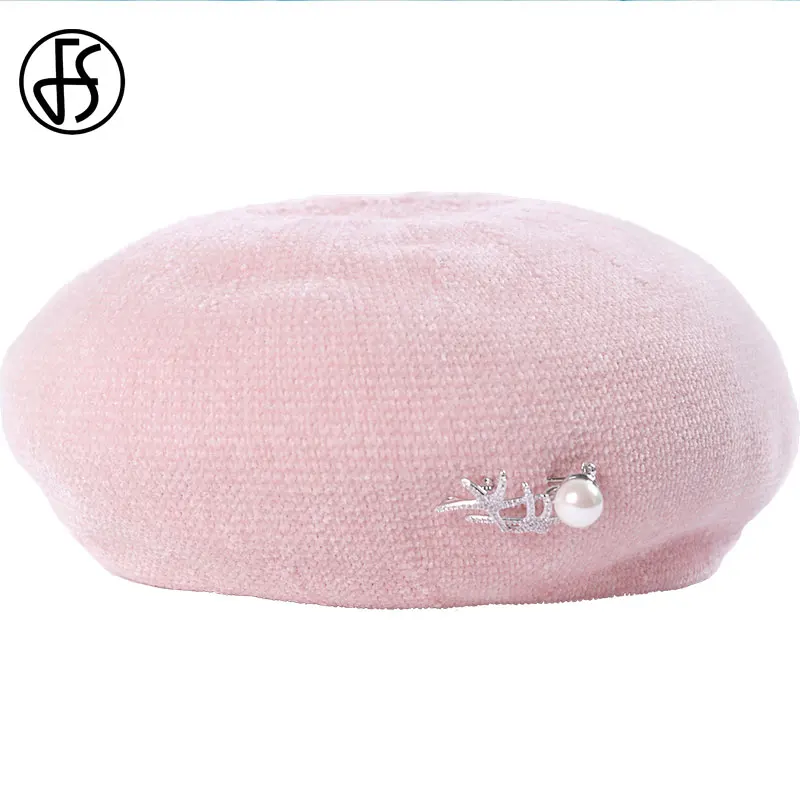 Женский шерстяной берет FS элегантная теплая шапка для художника с жемчужинами