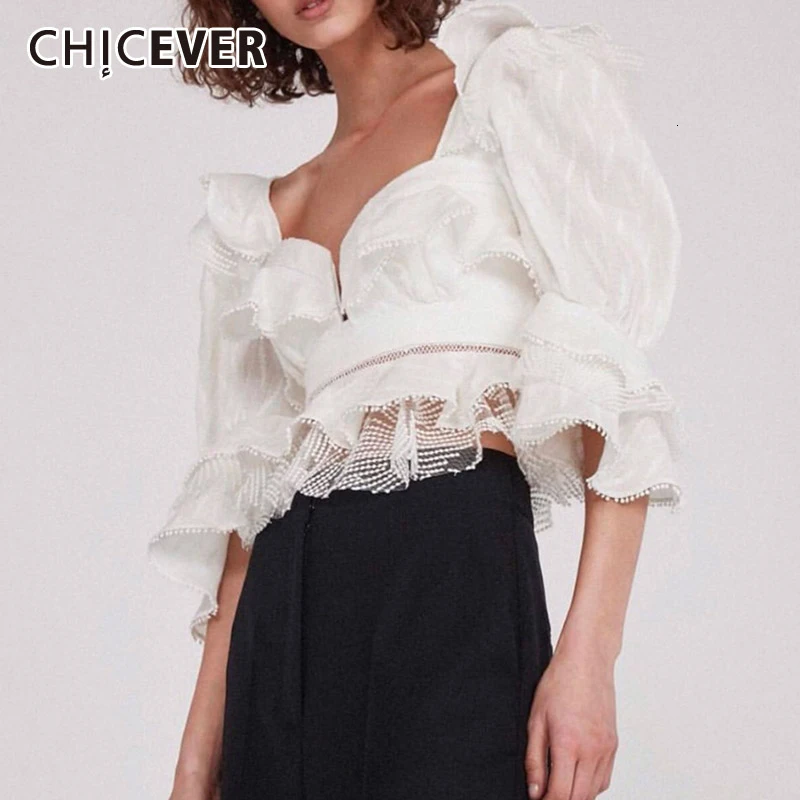 CHICEVER корейский стиль лоскутные женские кружевные рубашки с v образным вырезом и