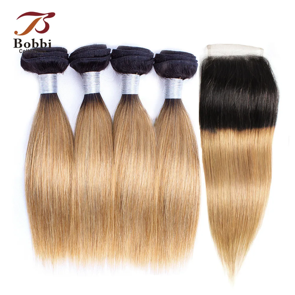 

50g/pc 4/6 Bundles with 4x4 Lace Closure Straight Remy Human Hair Short Bob Style Ombre Honey Blonde Brown BOBBI COLLECTION