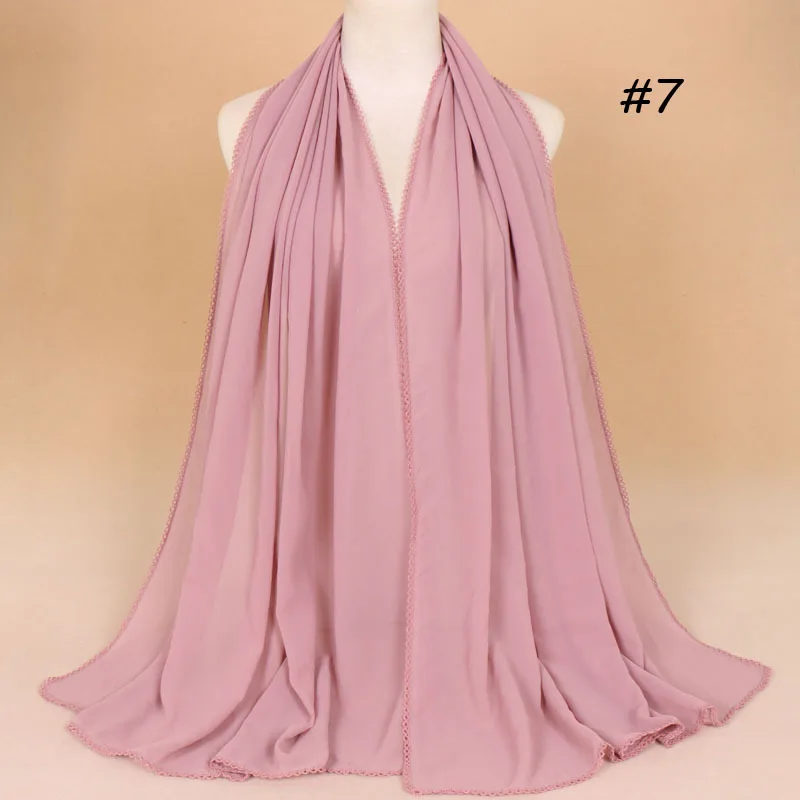 7 light pink Женский шифоновый шарф с кружевными краями, мусульманский хиджаб, Весенняя флористическая накидка, шали, обычная длинная повязка на голову, женские шарфы из пашмины - Цвет: 7 light pink