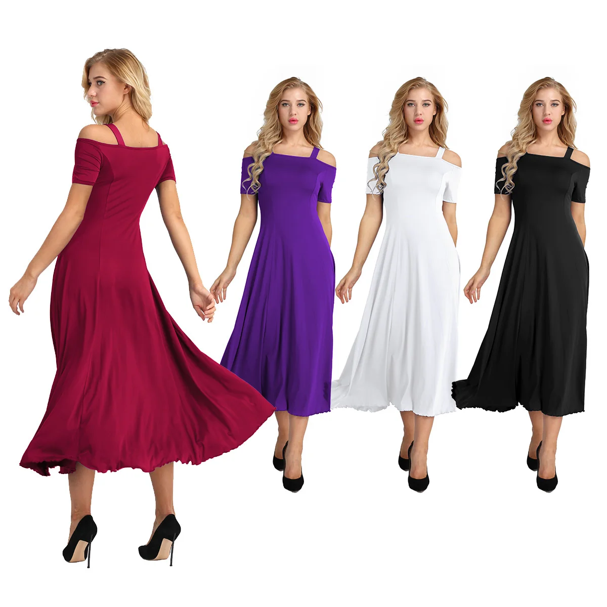 Женское длинное платье трапеция однотонное эластичное вечернее с открытыми