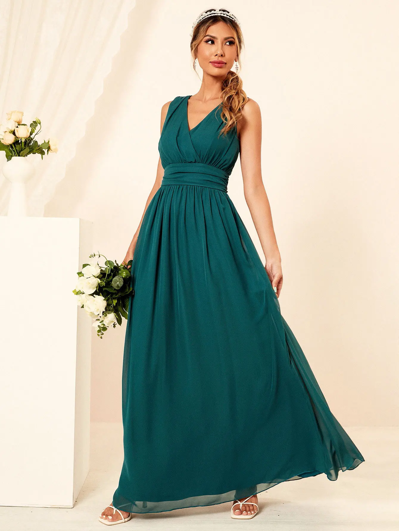

Sexy Women V Neck Pleated Backless Chiffon Maxi Bridesmaid Long Dress Wedding Evening Party Summer Elegant Dresses Vestidos