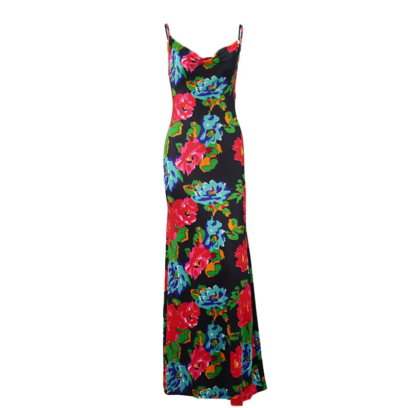 

Summer women's new sexy printing pile neck sling halter long skirt women dress