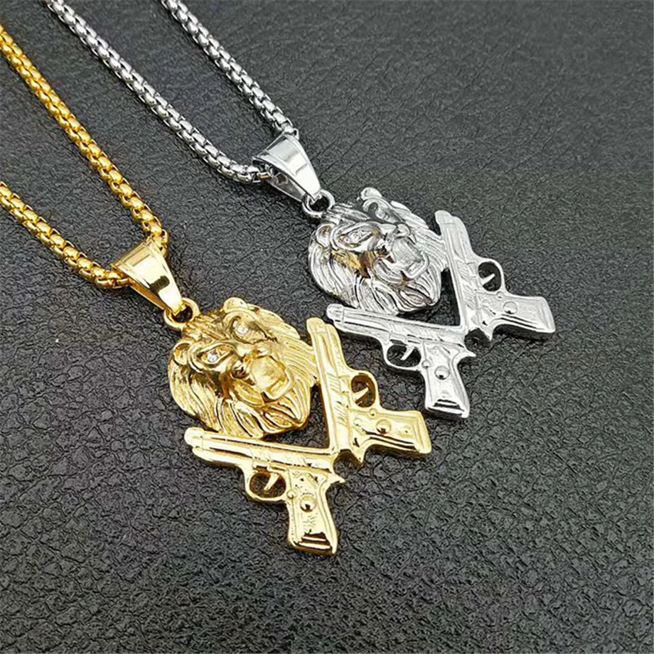 

Lion Head Gun Charms Necklace Rock Punk Style Men/Women Jewelry Gold Color Stainless Steel Chain Necklace & Pendant T1347