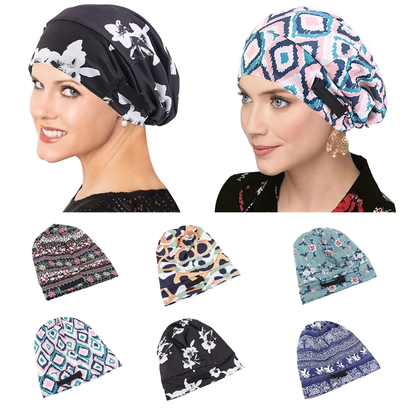 

Women Satin Lined Bonnet Sleep Cap Ethnic Floral Print Adjustable Wide Band Slouchy Beanie Turban Hat Muslim Head Cover