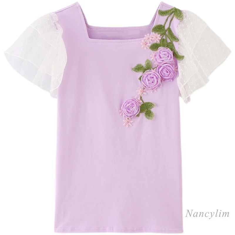 

Purple T Shirt Women 2021 Summer New Mesh Ruffle Sleeve Stitching Square Neck T-shirts Embroidery Three-Dimensional Flower Top