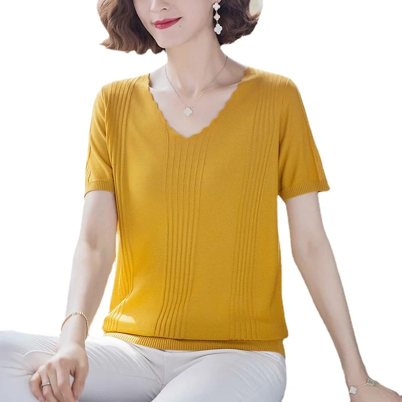 

Women Summer Ice Silk Loose Thin Knitted Sweater Pullover New Korean Style Female V-neck Yellow White Shirt Causal Bottom Jumper