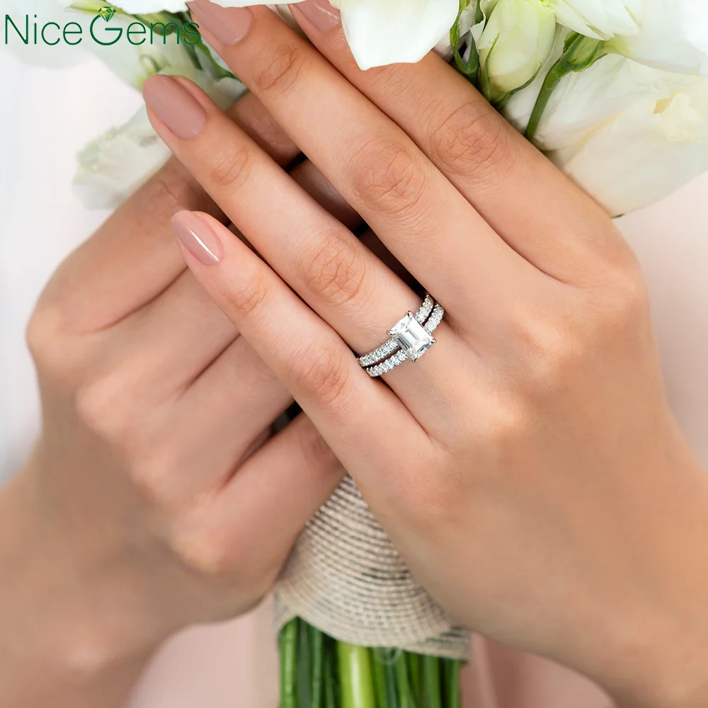NiceGems 14K 585 Белое золото изумрудная форма бриллиант обручальное кольцо с